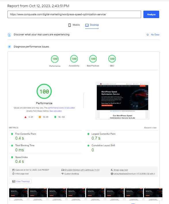 screenshot of compuvate wordpress site pagespeed insight score for desktop